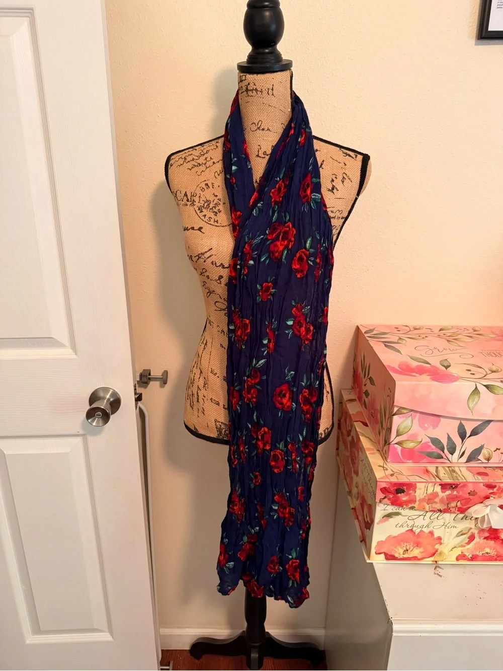 Navy Floral Lightweight Scarf with Red Roses